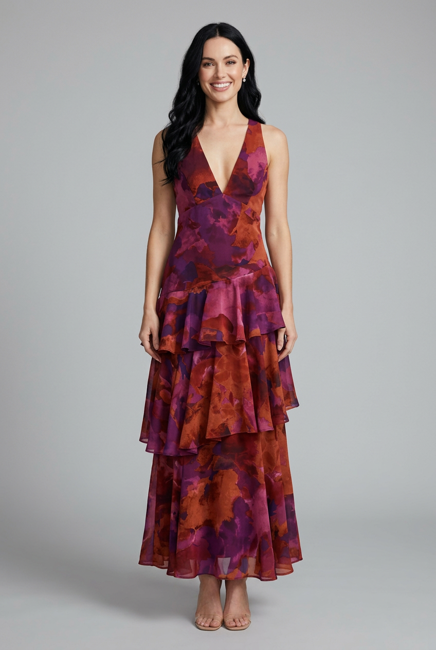 Maison Verro Alana Floral Tiered Maxi Summer Dress Sleeveless V-Neck