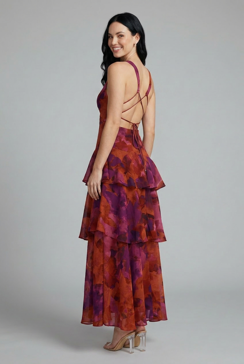 Maison Verro Alana Floral Tiered Maxi Summer Dress Sleeveless V-Neck