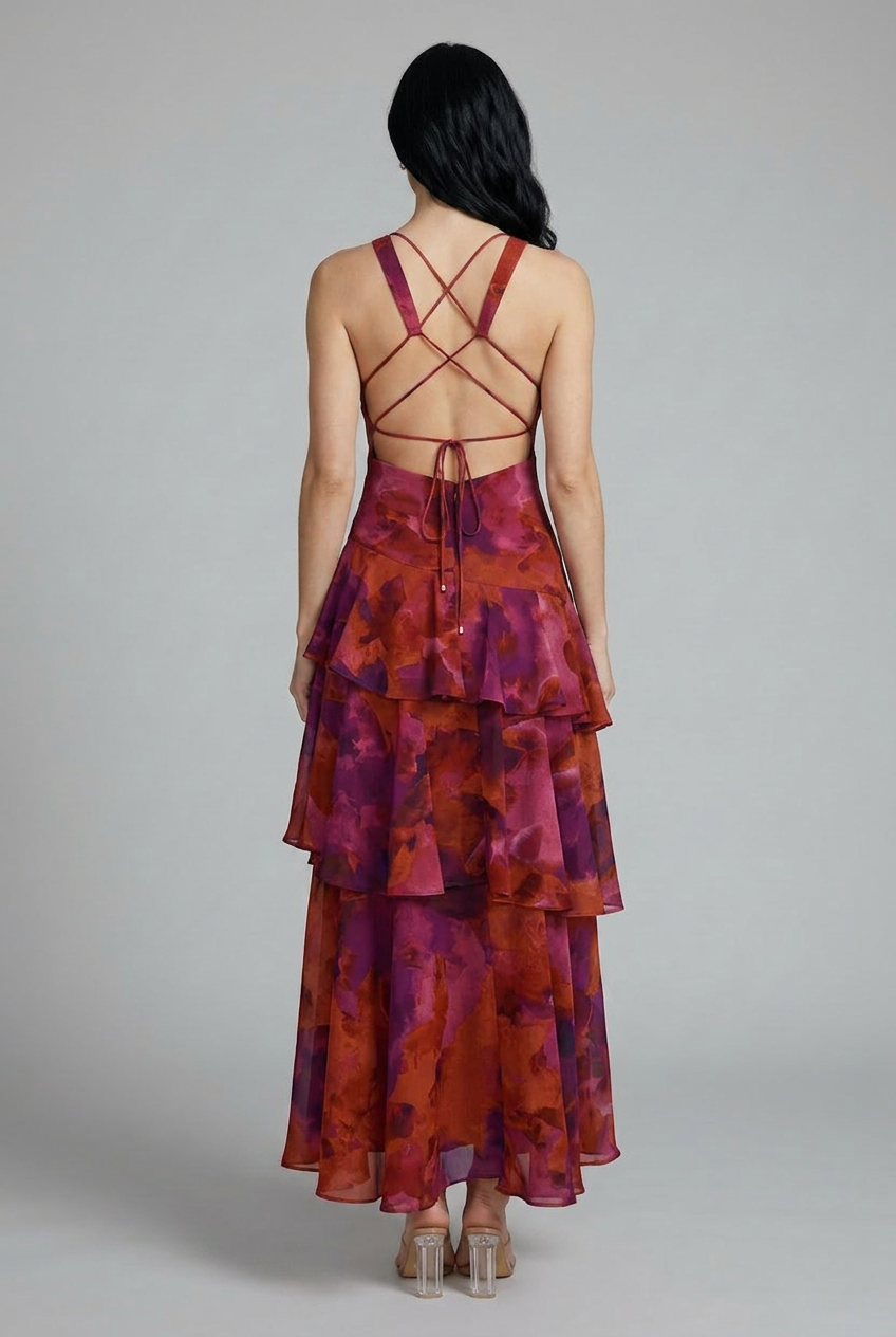Maison Verro Alana Floral Tiered Maxi Summer Dress Sleeveless V-Neck