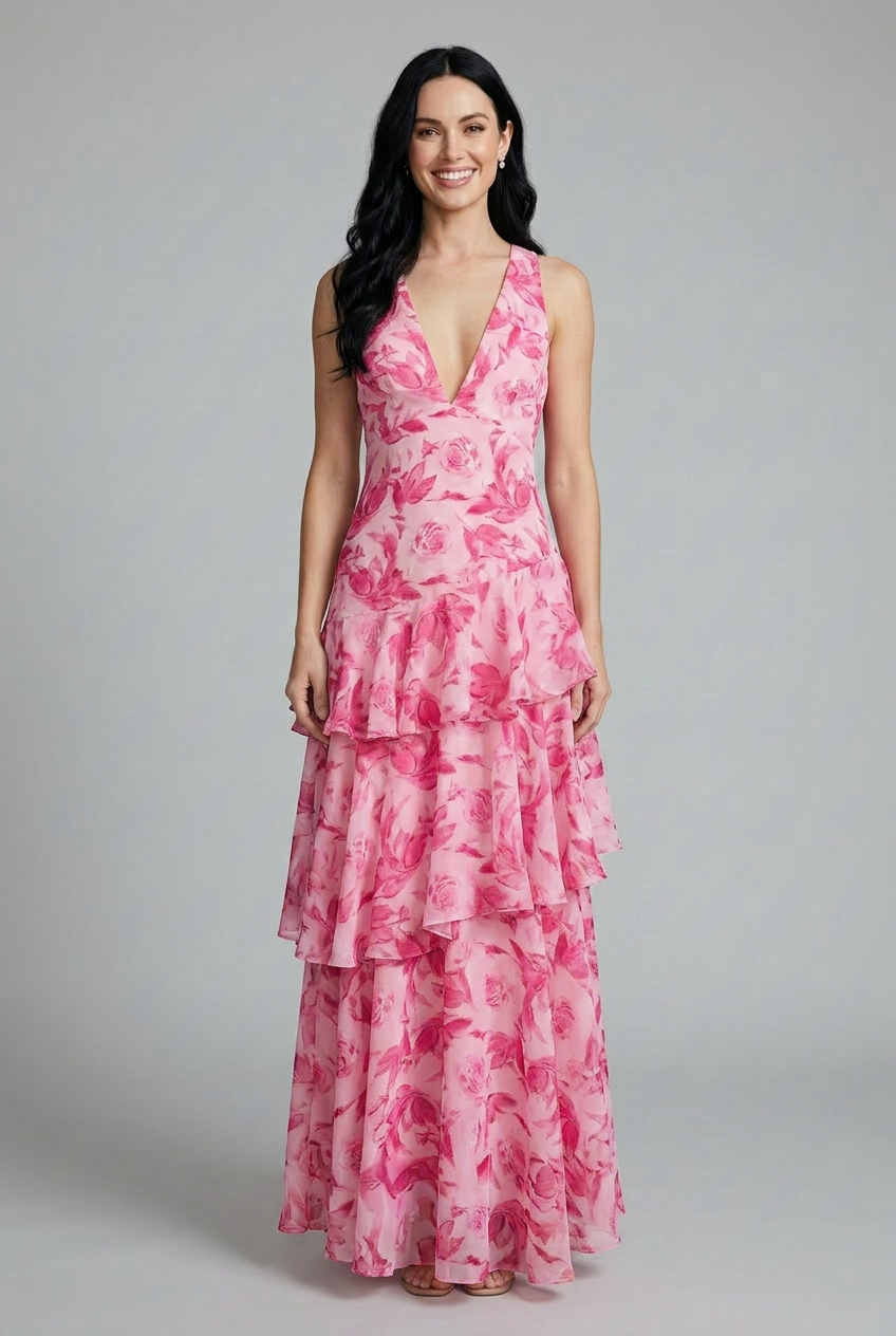 Maison Verro Alana Floral Tiered Maxi Summer Dress Sleeveless V-Neck