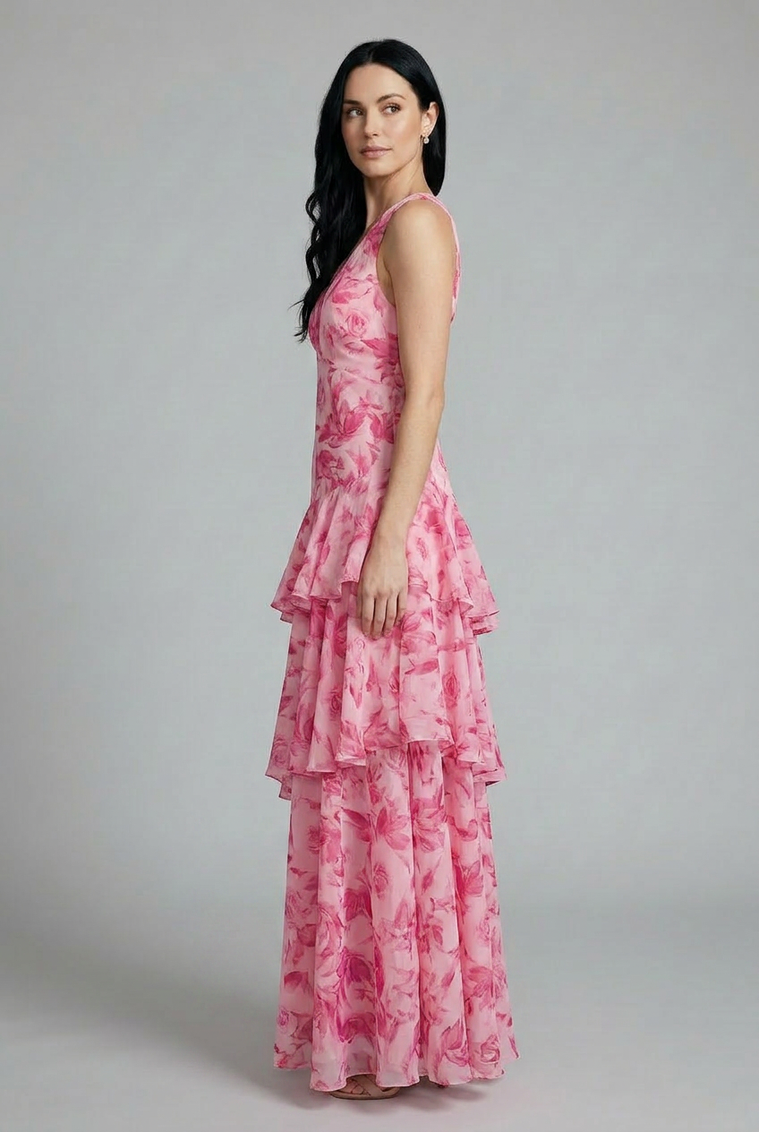 Maison Verro Alana Floral Tiered Maxi Summer Dress Sleeveless V-Neck