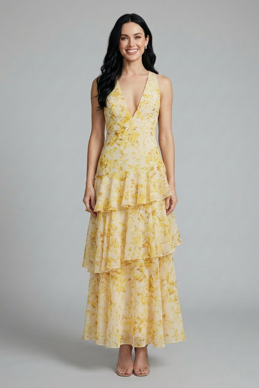 Maison Verro Alana Floral Tiered Maxi Summer Dress Sleeveless V-Neck