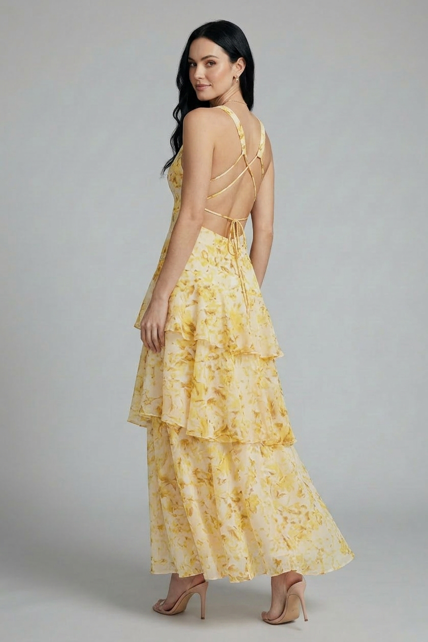 Maison Verro Alana Floral Tiered Maxi Summer Dress Sleeveless V-Neck