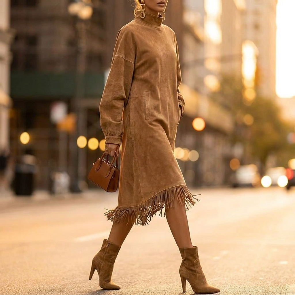 Women's Eliana Tassel Mock Neck Dress Fringe Hem