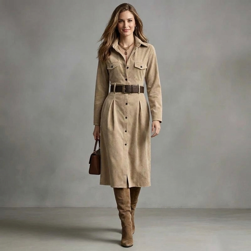 Women's Teodora Faux Suede Shirt Dress Button Front Belted