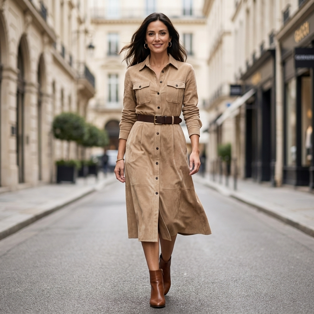 Women's Teodora Faux Suede Shirt Dress Button Front Belted