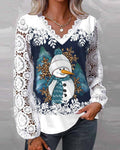 Women's Snowman Print Lace Blouse