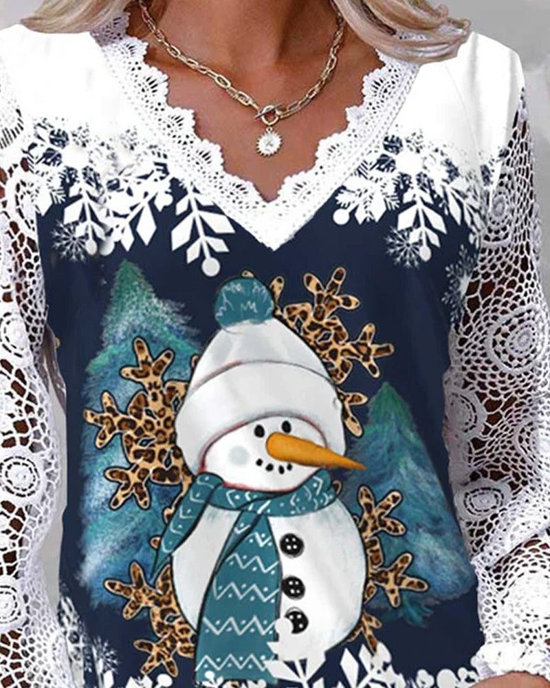 Women's Snowman Print Lace Blouse