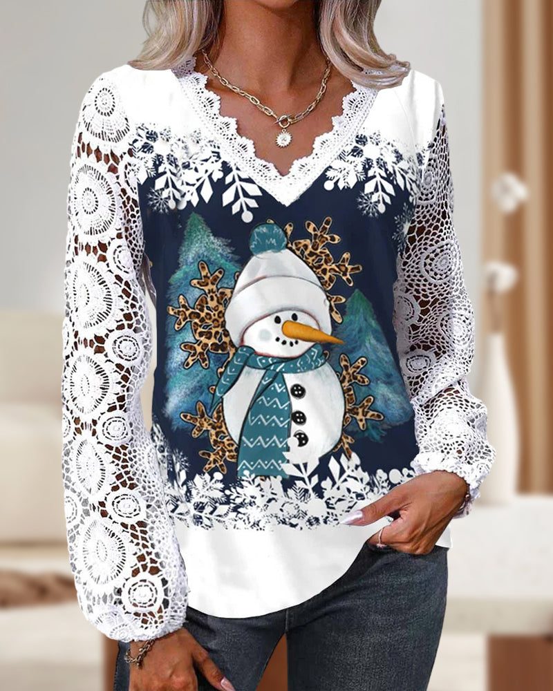 Women's Snowman Print Lace Blouse
