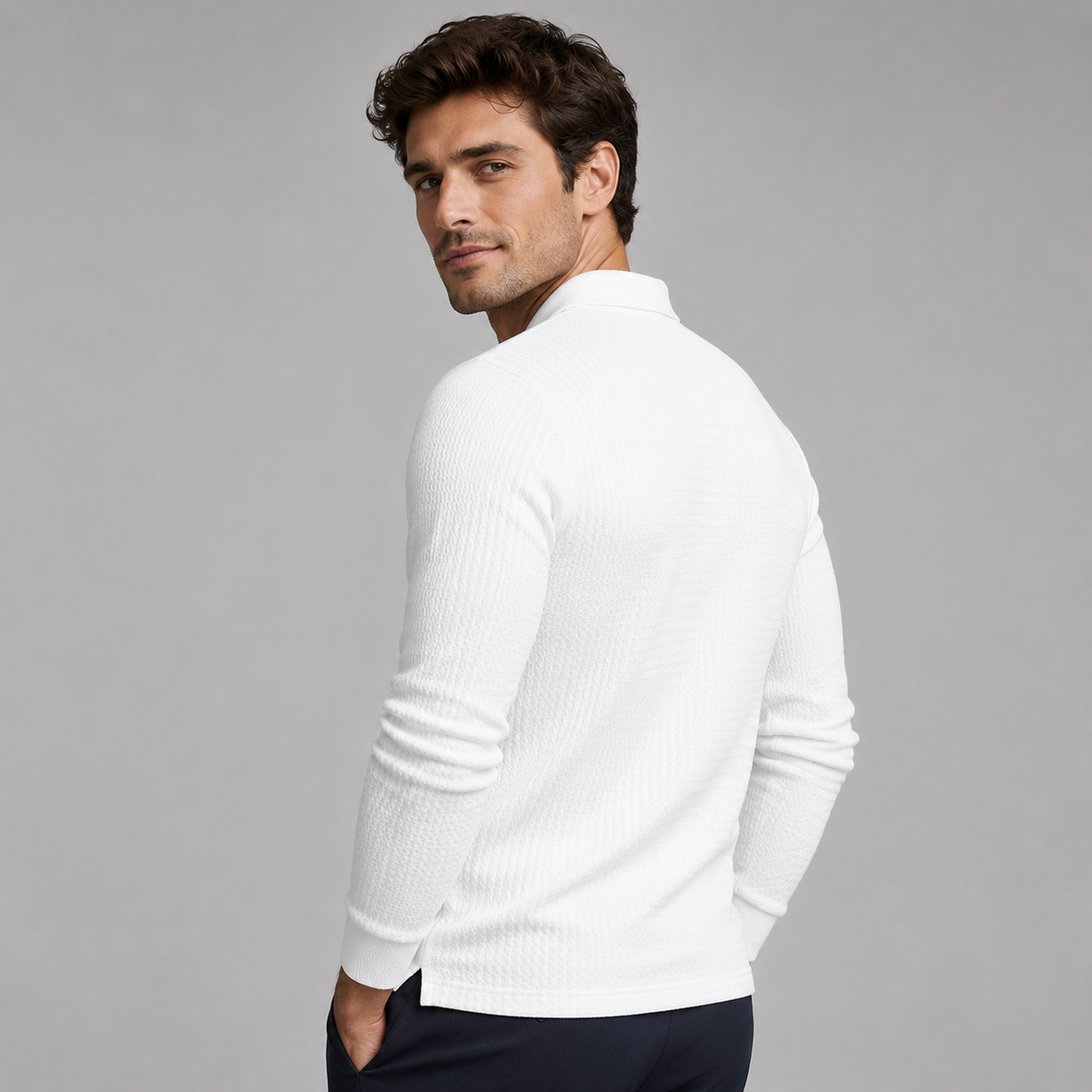 Men's Ribbed Long Sleeve Polo Shirt Slim Fit