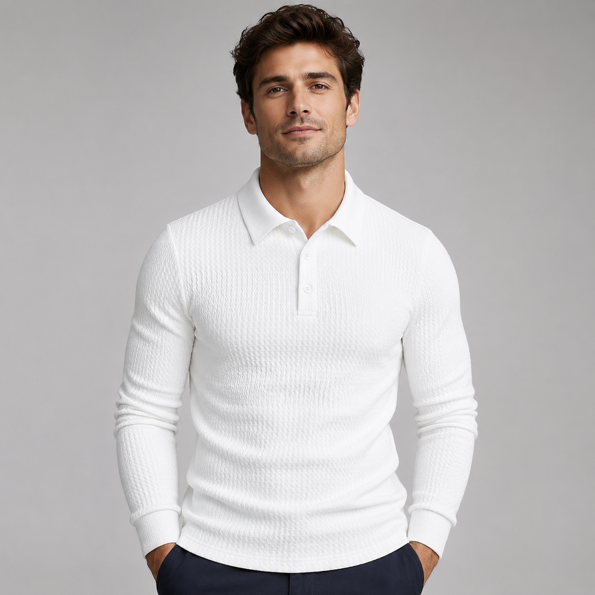 Men's Ribbed Long Sleeve Polo Shirt Slim Fit