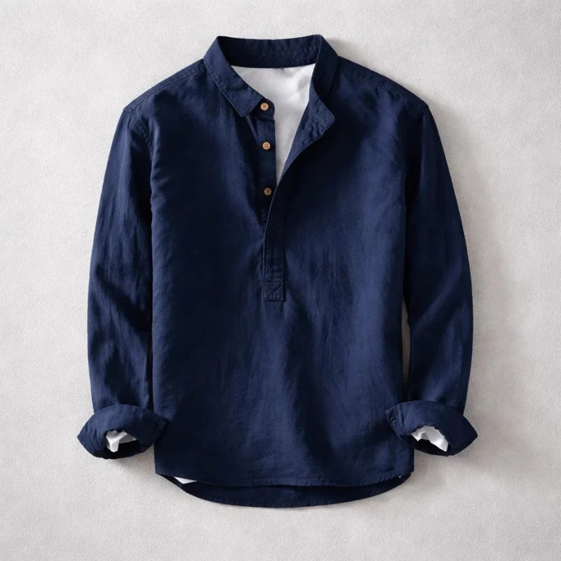 Men's Linen Cotton Henley Shirt Long Sleeve Band Collar Relaxed Fit