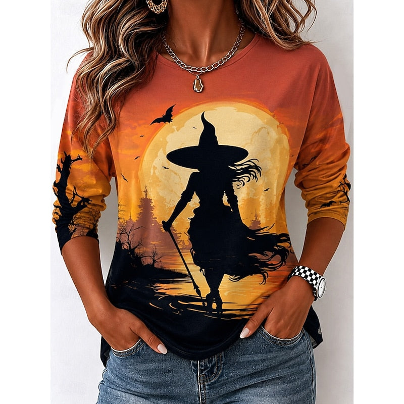 Women's Autumn Halloween Witch Graphic Long Sleeve Top