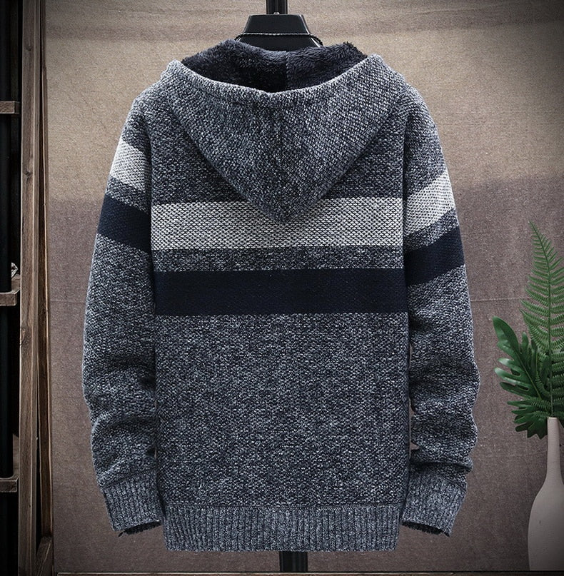Men's Striped Fleece Zipper Hooded Jumper
