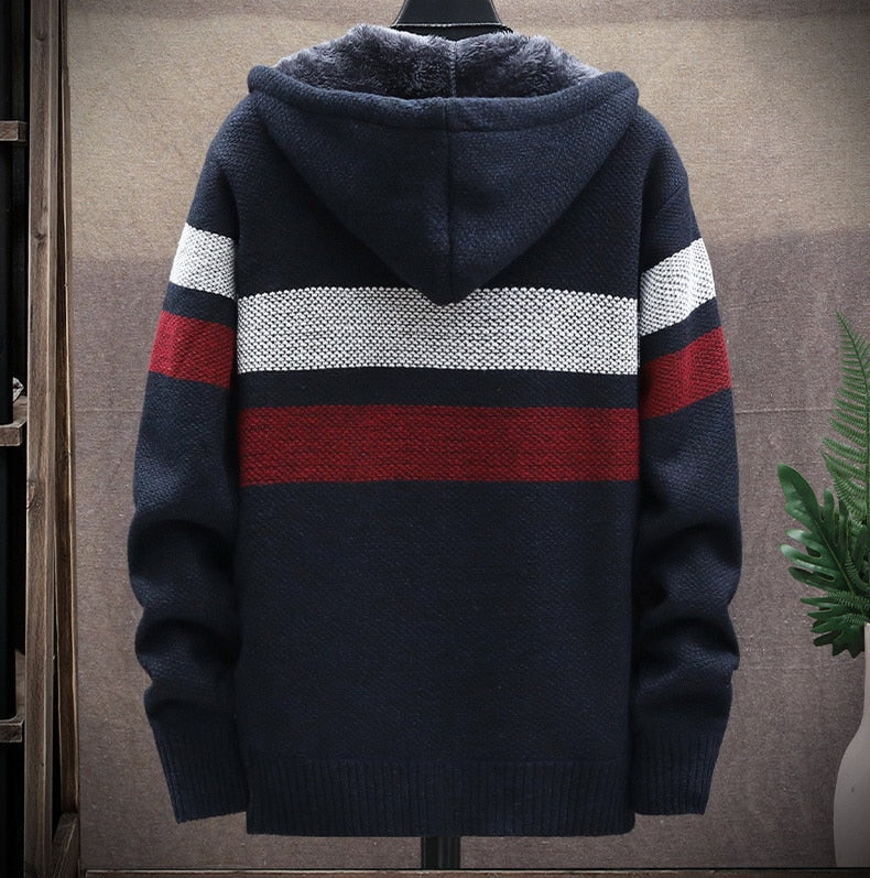 Men's Striped Fleece Zipper Hooded Jumper