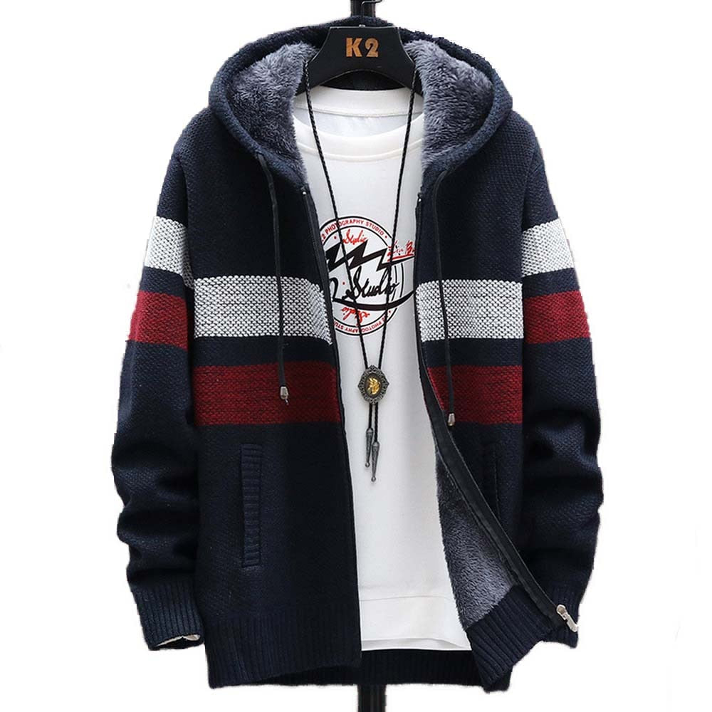 Men's Striped Fleece Zipper Hooded Jumper