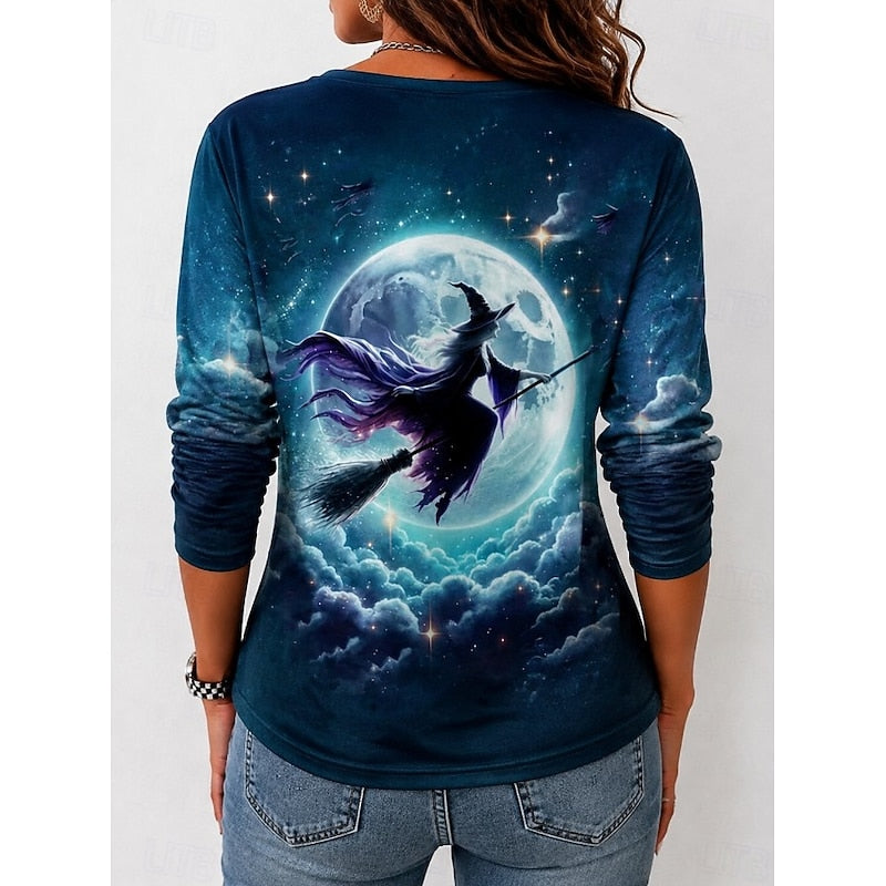 Women's Autumn Halloween Witch Graphic Long Sleeve Top