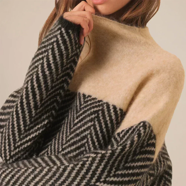 Women's Aderline Herringbone Knit Sweater Stand Collar Relaxed Fit
