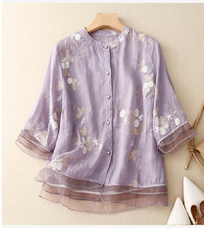 LumiNovi Floral Embroidery Long Sleeve Blouse Relaxed Fit Women's