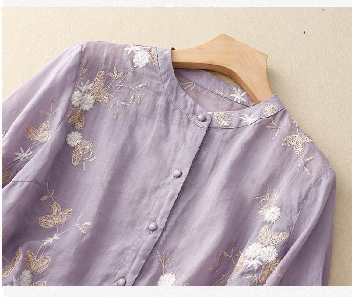 LumiNovi Floral Embroidery Long Sleeve Blouse Relaxed Fit Women's