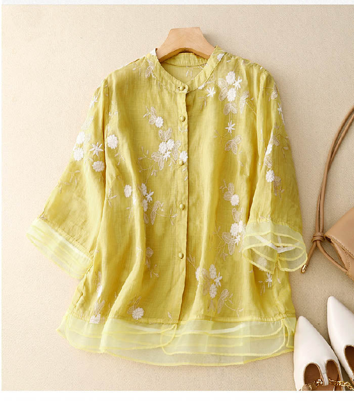 LumiNovi Floral Embroidery Long Sleeve Blouse Relaxed Fit Women's
