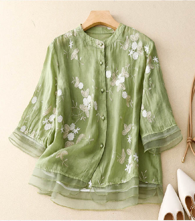 LumiNovi Floral Embroidery Long Sleeve Blouse Relaxed Fit Women's