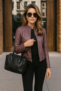 Women's Slim Fit Leather Jacket with Mandarin Collar